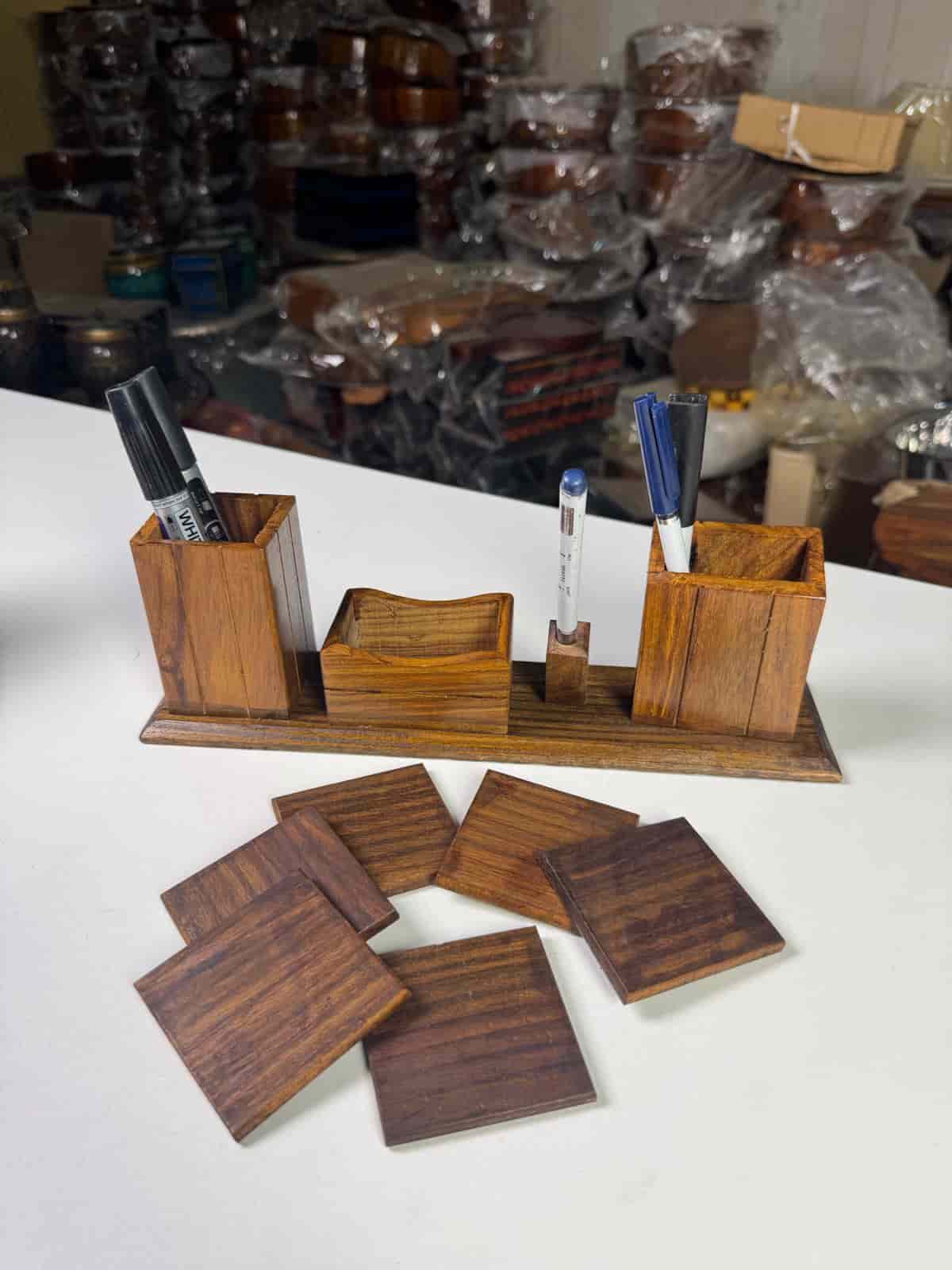Natural wooden pen stand with multiple compartments for desk organization