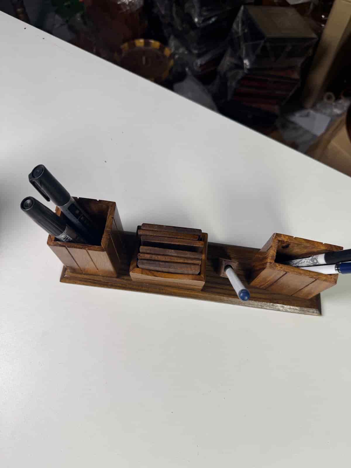 Natural wooden pen stand with multiple compartments for desk organization