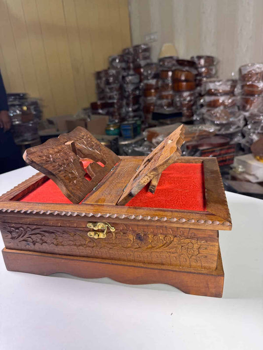 Hand-carved wooden Quran box with Islamic calligraphy and floral motifs